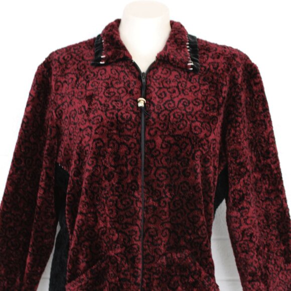 K.D.Spring M L Burgundy Black Chenille Asian Themed Zip Front Casual Jacket - Picture 4 of 11
